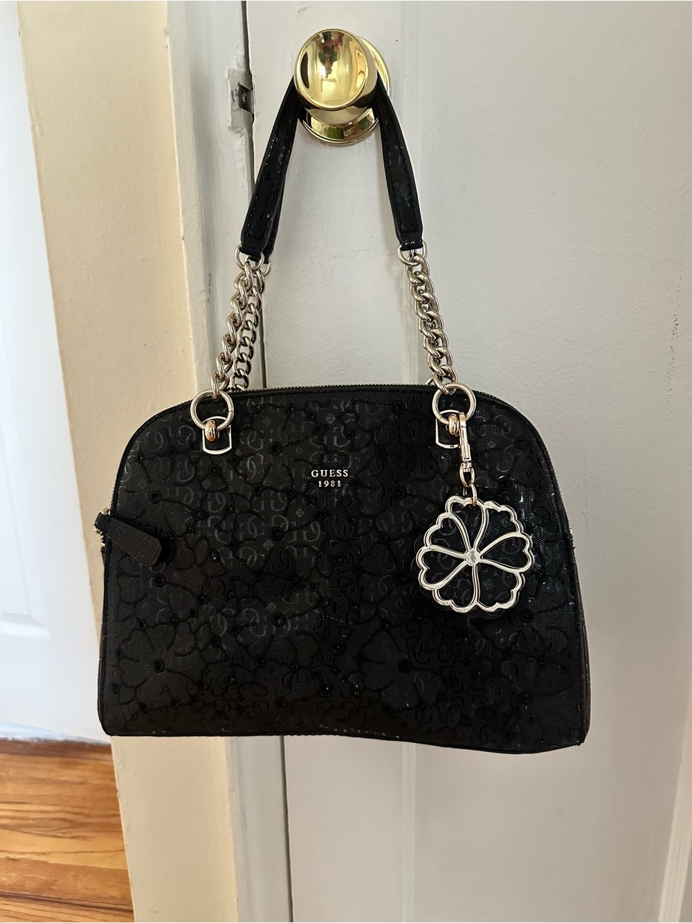 GUESS Black Quilted Satchel with Silver Chain Charm
